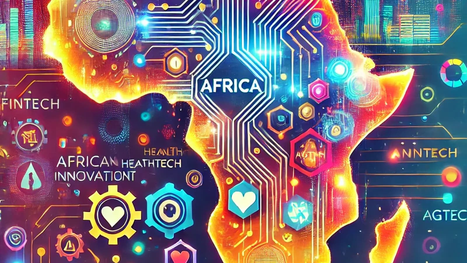 DALL·E 2024-10-26 13.24.28 – A dynamic cover image for an article on African innovation and tech investments. The image shows a vibrant, stylized map of Africa with digital and te